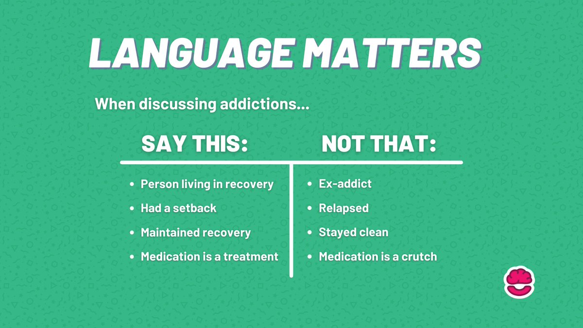thecheckinproj's tweet photo. Language is powerful - especially when talking about addictions. Here's a tip: "Person first" language focuses on the person, not the disorder. Consider these! 🙂   #MentalHealthMatters https://t.co/7ZpgJyQEeX