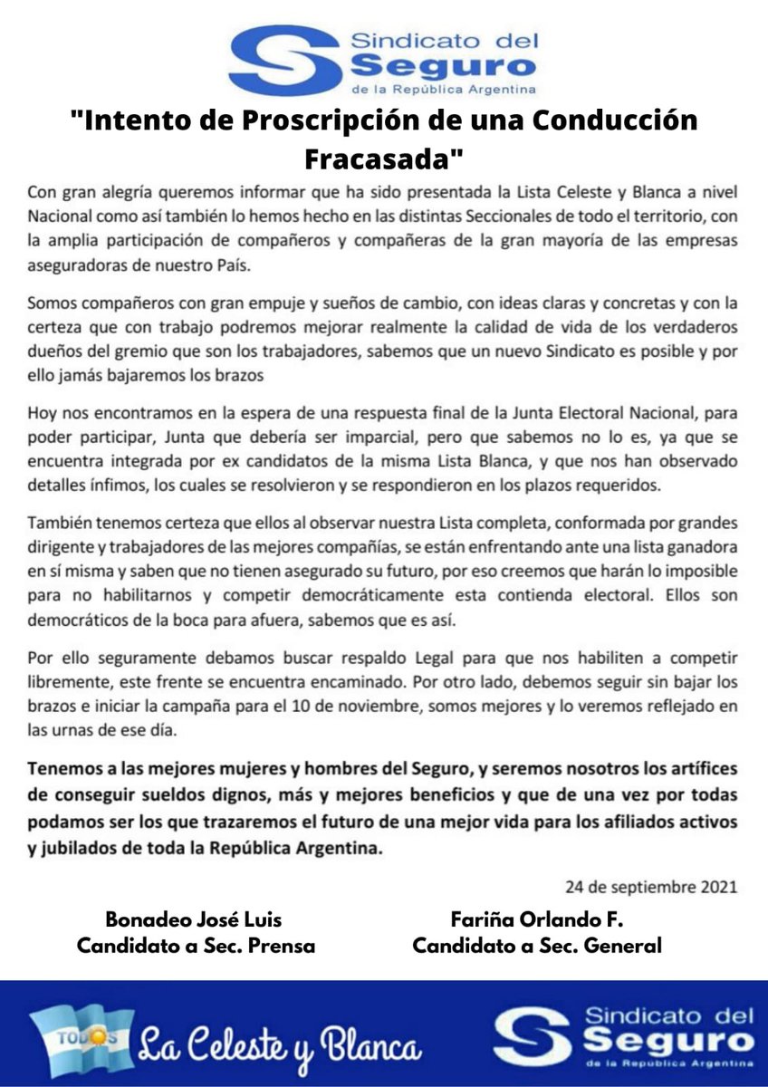 CarlosAlvarez_l's tweet photo. Una vez más, mediante maniobras anti democráticas intentan evitar nuestra participación del acto electoral. 

También una vez más le decimos a los trabajadores y trabajadoras del mundo del seguro que la @AgrupacinCeles1 estará firme junto a ellos el 10 de noviembre. ‼️ https://t.co/ktjllaU83K