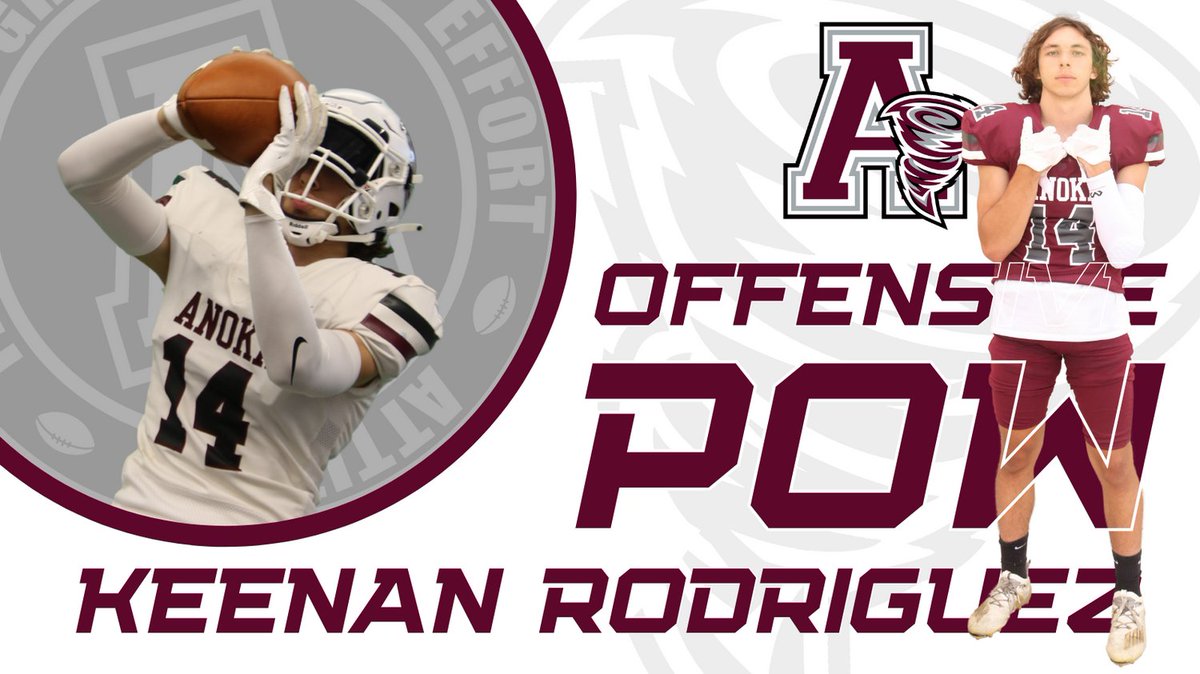AnokaFootball's tweet photo. Congratulations to our Week 3 Offensive POW Keenan Rodriguez.  He Continues to be a big playmaker each week.  #EAT https://t.co/SQWfvRaFPN