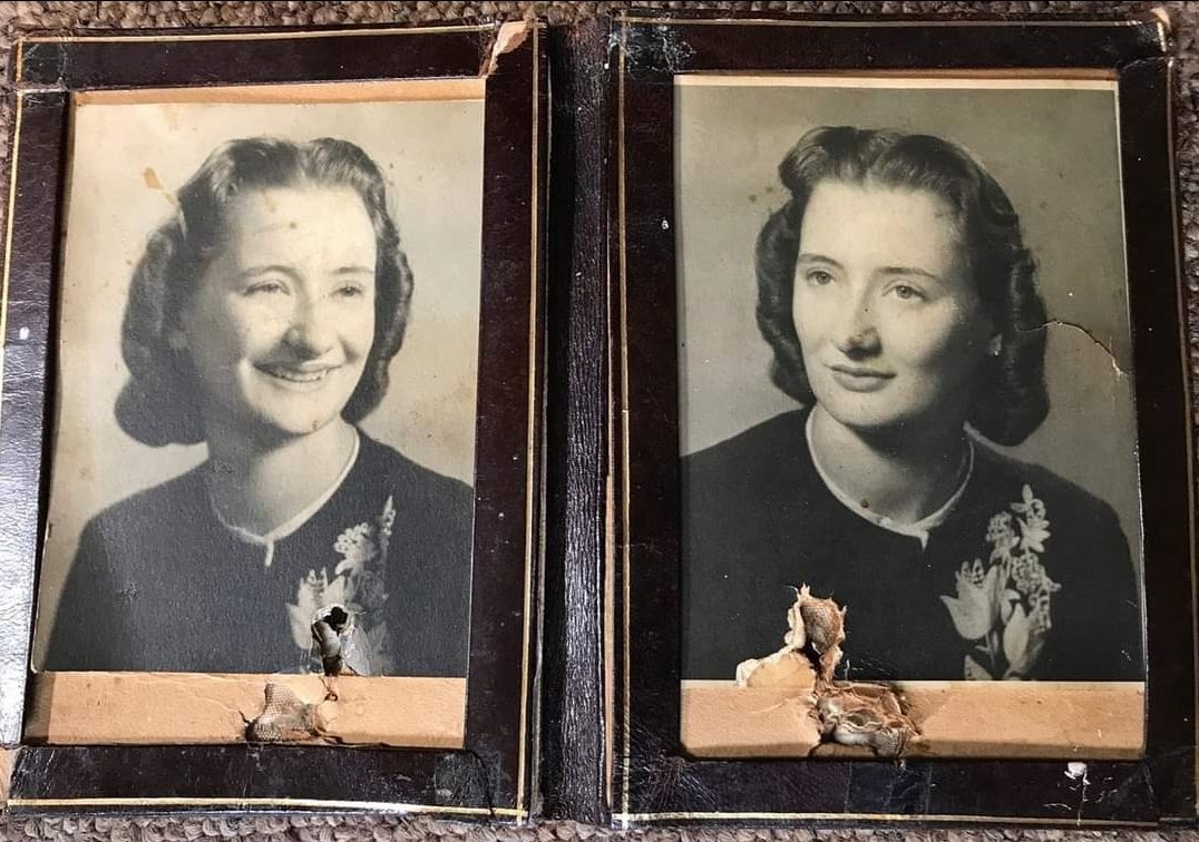 My wife would have been 95 this week. This is the picture that was in my breast pocket when I was blown up. It is complete with shrapnel holes.