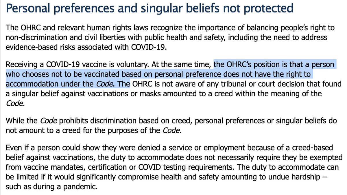 EdTubb's tweet photo. The Ontario Human Rights Commission has issued this rather unambiguous guidance on whether a person's anti-vax belief grants accommodation under the Human Rights Code.

It does not, the commission says.

https://t.co/a2XzsYkTDk https://t.co/Ov9yzx87XY