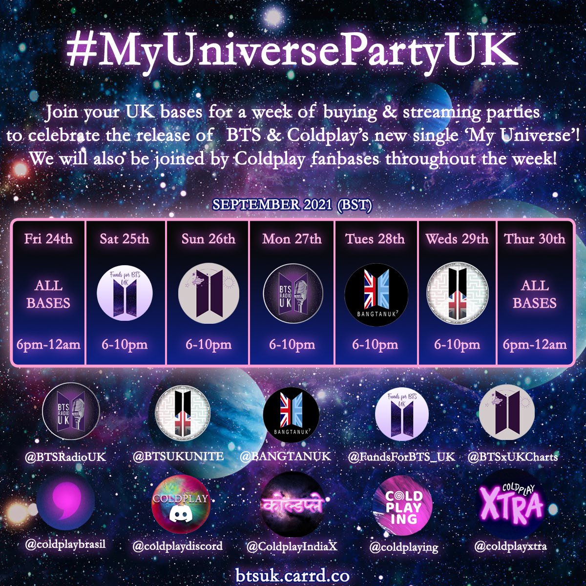 coldplaying's tweet photo. We’ve teamed up with a number of BTS and Coldplay fan accounts to host buying and streaming parties for #MyUniverse! Join us tonight at 6PM BST in two hours for the first one! #MyUniversePartyUK 

Explore the pre-created playlists here for the party: https://t.co/2zLQmHHFW2 https://t.co/747PnFXPCJ