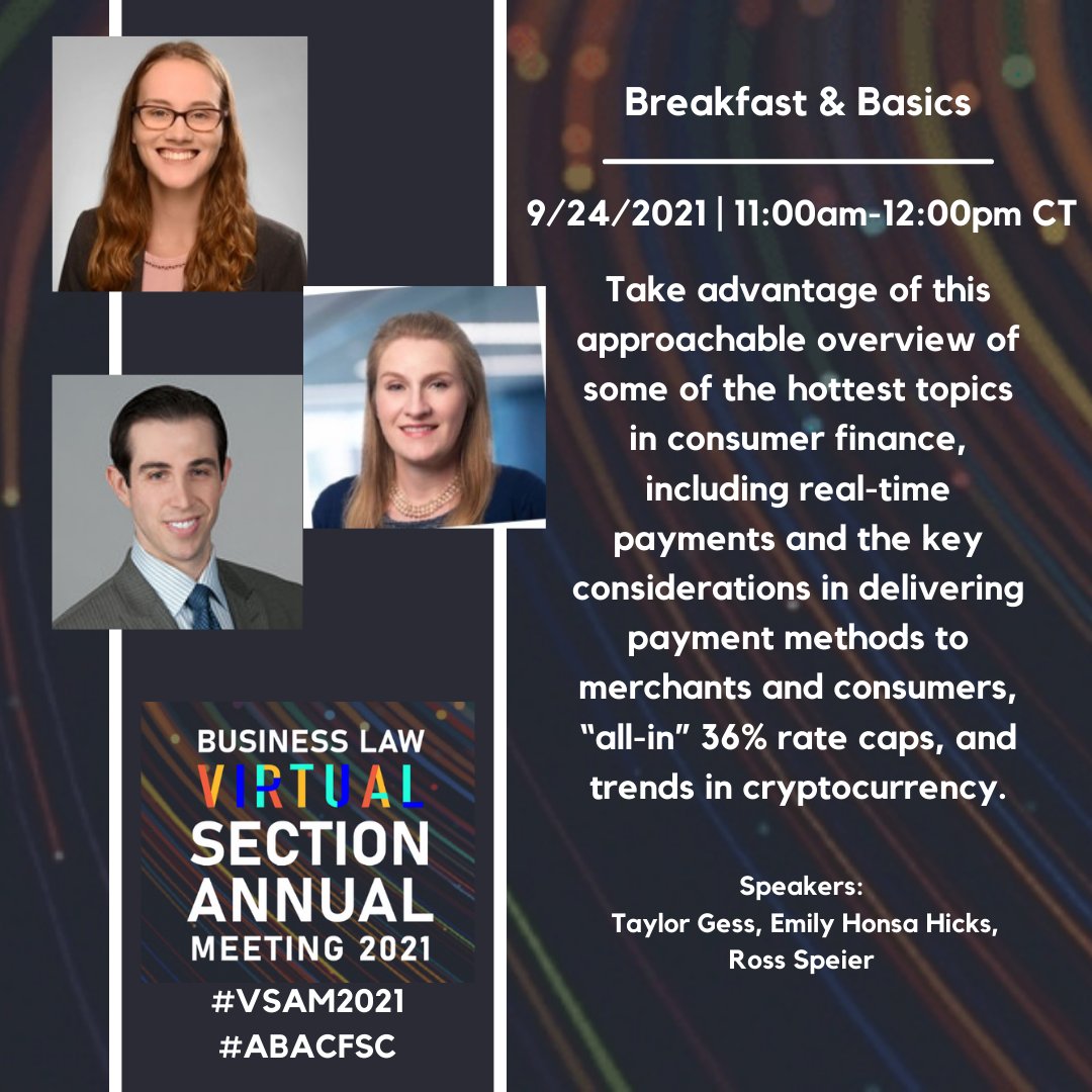 ABABusLaw_CFSC's tweet photo. We'll cover the basics while you grab breakfast, covering the hottest topics in consumer finance.
#VSAM2021 #ABACFSC https://t.co/06E70zbCcl