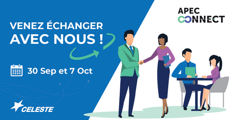 SocieteCELESTE's tweet photo. #ApecConnect Vous êtes en recherche d'#emploi dans les #télécoms ? Venez échanger avec notre équipe ressources humaines les 30 septembre et 7 octobre !

#operateurtelecom #carriere #recrutement https://t.co/rP7sbEAZPv