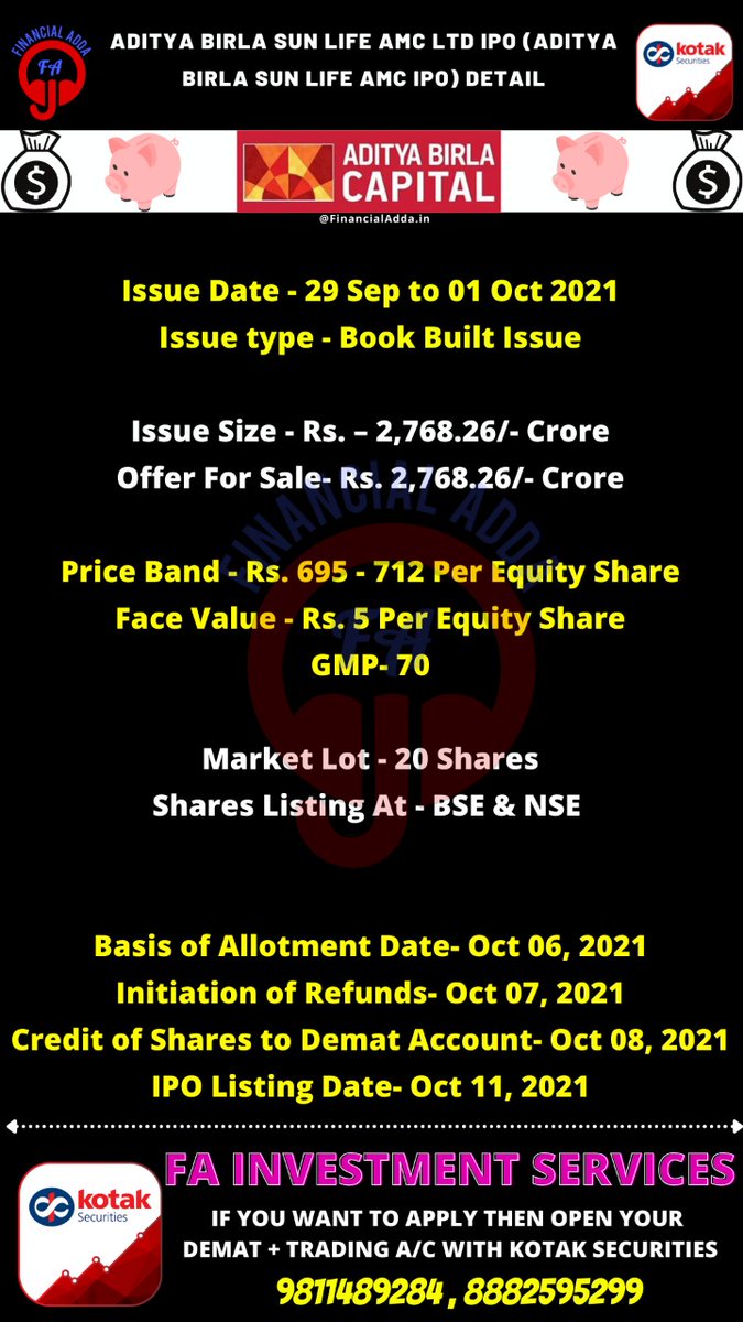 FinancialAdda's tweet photo. #ABSL AMC IPO Details
. 
GMP- ₹70
. 
Retweet for max awareness #ipo #ipotime #upcomingipo #ipos #abslamcipo #adityabirlamutualfundsipo https://t.co/qAN8U0Lasc