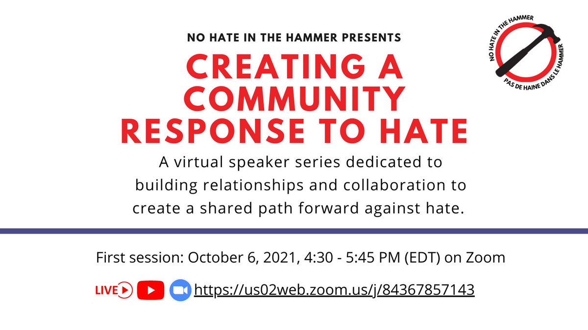 nohateinthehamr's tweet image. Mark your calendars as we officially begin our virtual speaker series: Creating a Community Response to Hate!

Join us on October 6th, 2021 at 4:30 - 5:45 pm (EDT) on Zoom to discuss Building Bridges to Belonging. 

Stay tuned for updates on speakers! #NHH #HamOnt