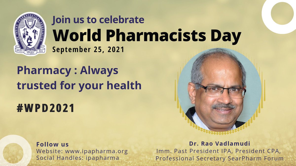IPA Immediate Past President <a href="/VadlamudiRao/">Rao Vadlamudi</a> invites IPA colleagues around the nation to join us virtually to celebrate #WPD2021 

Join us to celebrate World Pharmacists Day in Four easy steps using the link attached 
ipapharma.org/pharmacist-day/

#ipa #pharmacists #india