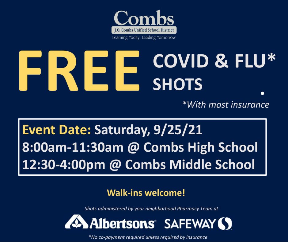 JOCombsUSD's tweet photo. 📆  Hey #SanTanValley! Are your calendars marked for tomorrow's FREE vaccine event? Join us at Combs High School from 8-11am or Combs Middle School from 12:30-4pm for your COVID and flu shots! 💉  Details: https://t.co/UoW4lmZVte #CombsCares https://t.co/r2wkkf4wUr