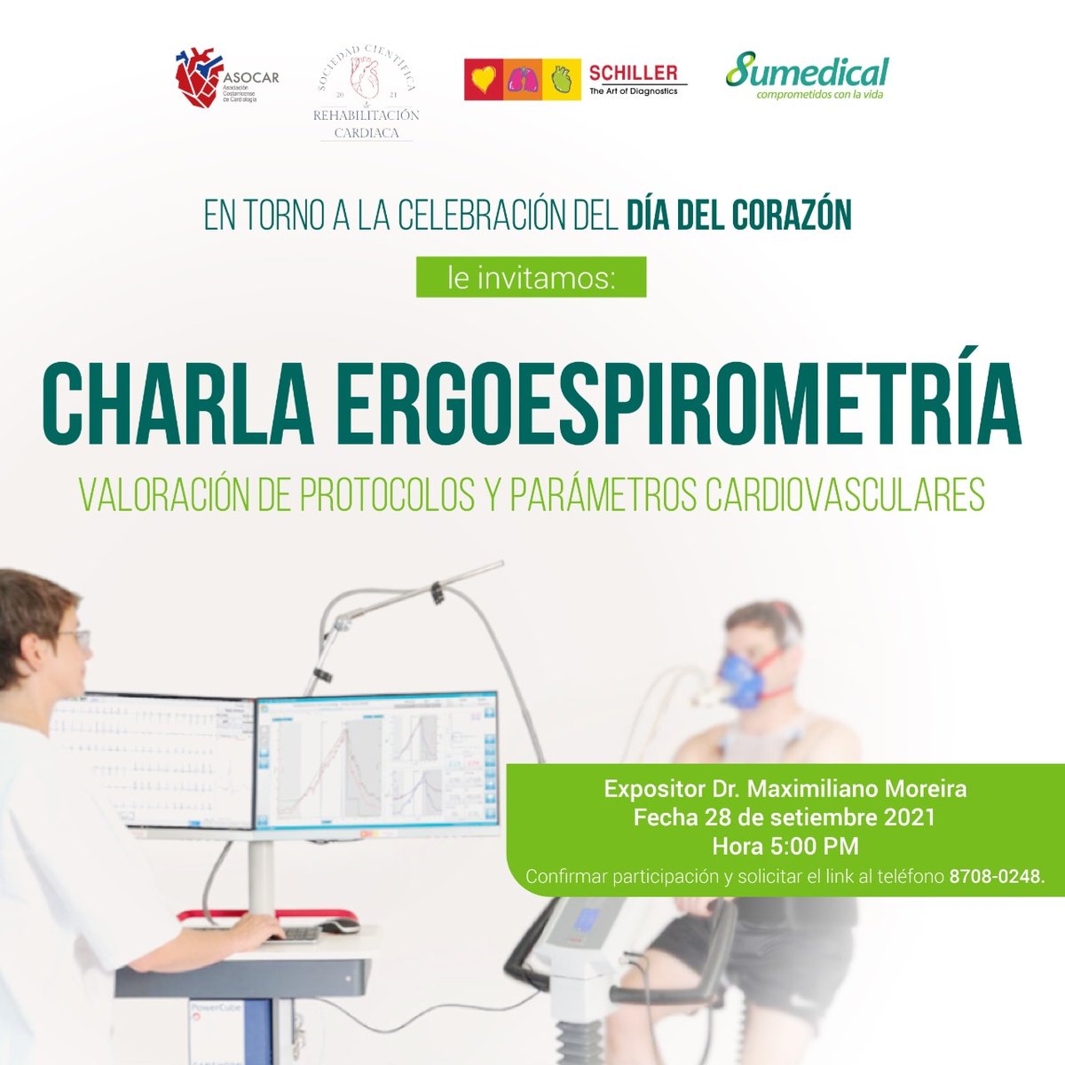 SumedicalS's tweet photo. Le invitamos a celebrar el día del corazón con la Charla de Ergoespirometría impartida por el Dr. Maximiliano Moreira, este próximo martes 28 de setiembre a las 5:00 pm.

Le agradecemos confirme su asistencia y solicite su link al 8708-0248. https://t.co/LAjx8r3bBq