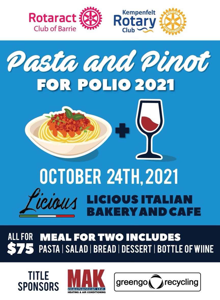 Save the date!! October 24th is Pasta and Pinot for Polio 2021. Stay tuned for more details and sign up information. <a href="/KRotaryBarrie/">Kempenfelt Rotary</a> <a href="/BarrieRotaract/">Barrie Rotaract</a> #worldpolioday