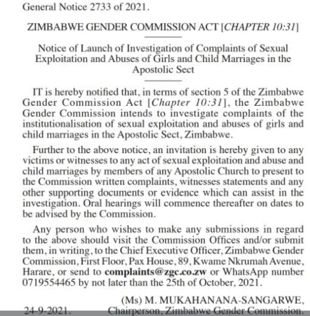 Launch of investigation of complaints of sexual exploitation  and abuses of girls and child marriages in the apostolic sect <a href="/MinofWomenZim/">Ministry of Women Affairs Zimbabwe</a>, <a href="/MwanasikanaW/">Mwanasikana Wanhasi</a>, <a href="/ShamwariyeMwana/">Shamwari Yemwanasikana</a>,@OMpslsw, <a href="/tagalife/">Tag a Life Int(TaLI)</a>, <a href="/unwomenzw/">UN Women Zimbabwe</a>, <a href="/vanyaradzayi/">Nyaradzayi Gumbonzvanda</a>,<a href="/PacheduZW/">Team Pachedu</a>, <a href="/TheMirrorMsv/">The Mirror Masvingo</a>,<a href="/IthembaGirls/">IThemba for Girls Trust (IGT)-Zimbabwe</a>, <a href="/WCOZIMBABWE/">Women's Coalition of Zimbabwe</a>,