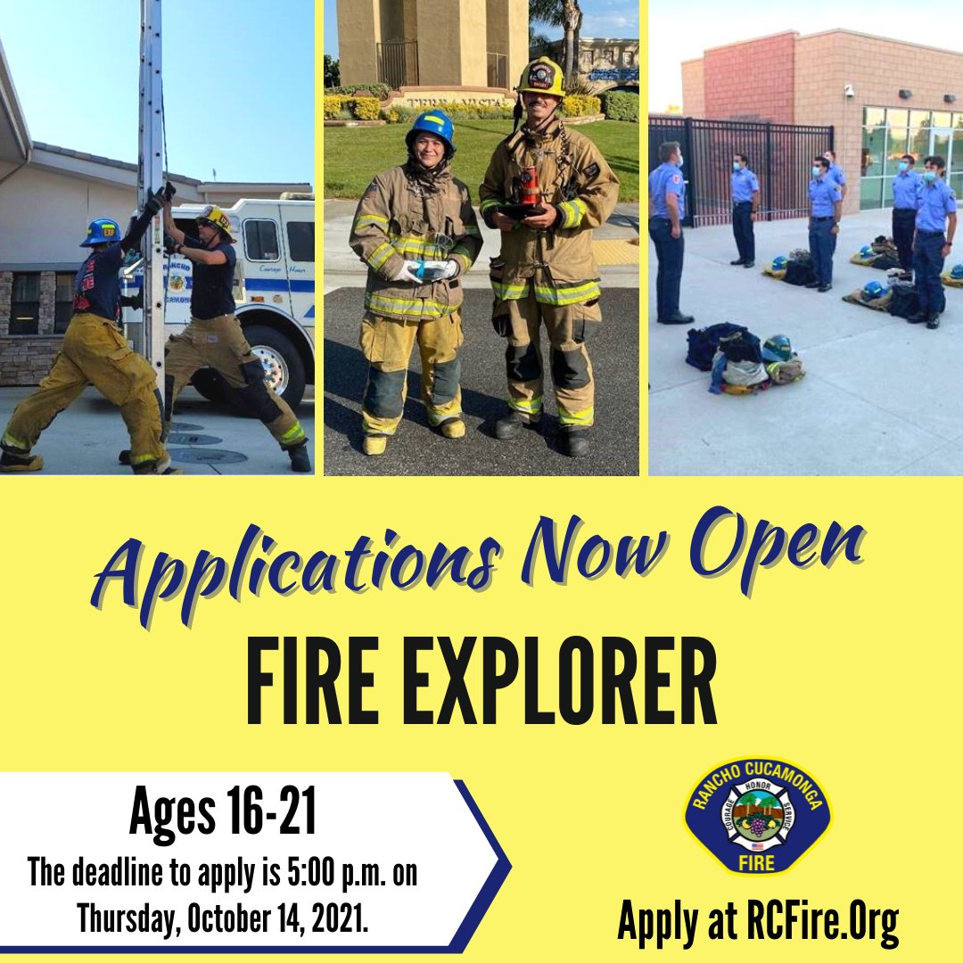 RCFD_PIO's tweet image. Now Accepting Applications for our #FireExplorer program! Youth ages 16-21 are encouraged to apply to this program if interested in a fire service career.

Apply at RCFire.Org. All items due by 5 p.m. on 10/14/21.

For questions email RCFDFireExplorer@CityofRC.us
