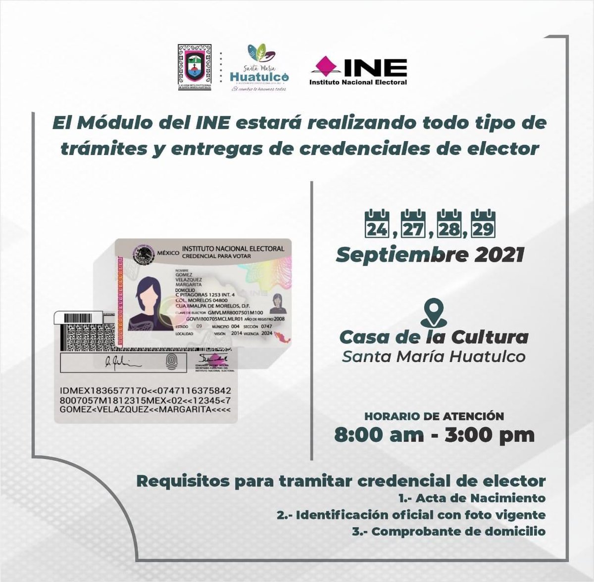 El gobierno municipal informa a la ciudadanía que el módulo del INE estará brindando atención los días 24, 27, 28 y 29 de septiembre en la Casa de la Cultura de Santa María Huatulco.
#ElCambioLoHacemosTodos