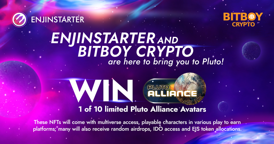 ENJINSTARTER (@enjinstarter) on Twitter photo Enjinstarter and Bitboy Crypto are here to bring you to Pluto !
We are excited to announce that ENJINSTARTER has now sealed a partnership with @Bitboy_Crypto for their <a href="/Pluto_Alliance/">Pluto Alliance</a> NFT project. Enjinstarter and Bitboy Crypto are here to bring you to Pluto !
We are excited to announce that ENJINSTARTER has now sealed a partnership with @Bitboy_Crypto for their <a href="/Pluto_Alliance/">Pluto Alliance</a> NFT project.