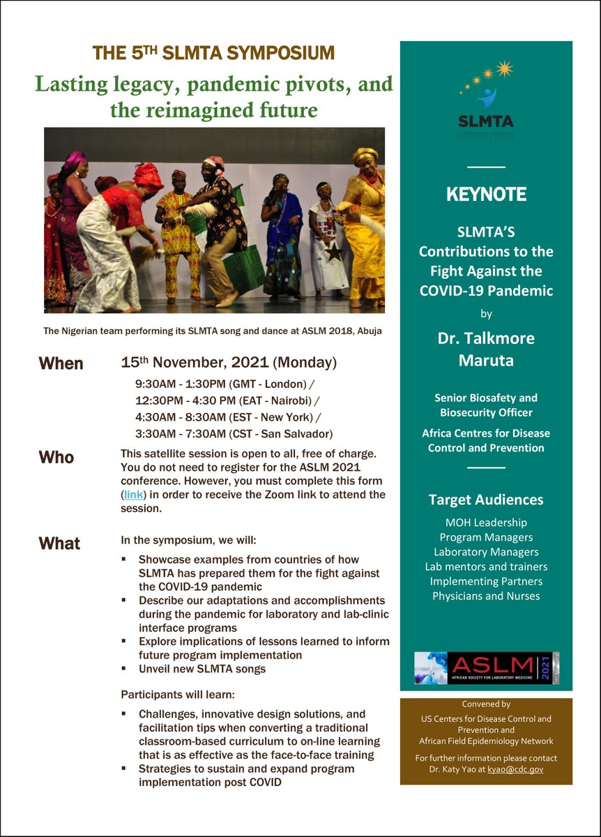 ASLM_News's tweet photo. ASLM is excited to announce the 5th #SLMTA Symposium on 15 November 2021! Don’t miss the keynote from @dr_maruta of @AfricaCDC &amp; information about SLMTA’s contributions to fighting #COVID19. This session is open &amp; free for everyone! 
https://t.co/A4XS1ePMob @AFENETAfrica @CDCgov https://t.co/Ny0QlIUlCU