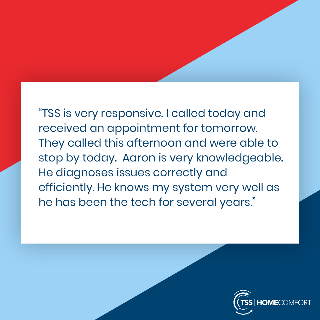 TSSHomeComfort's tweet photo. #FeedbackFriday

It's a happy Friday when you get feedback like THIS! When you choose TSS Home Comfort, rest assured you're choosing quality service - every time. https://t.co/Ju37cqrdvw