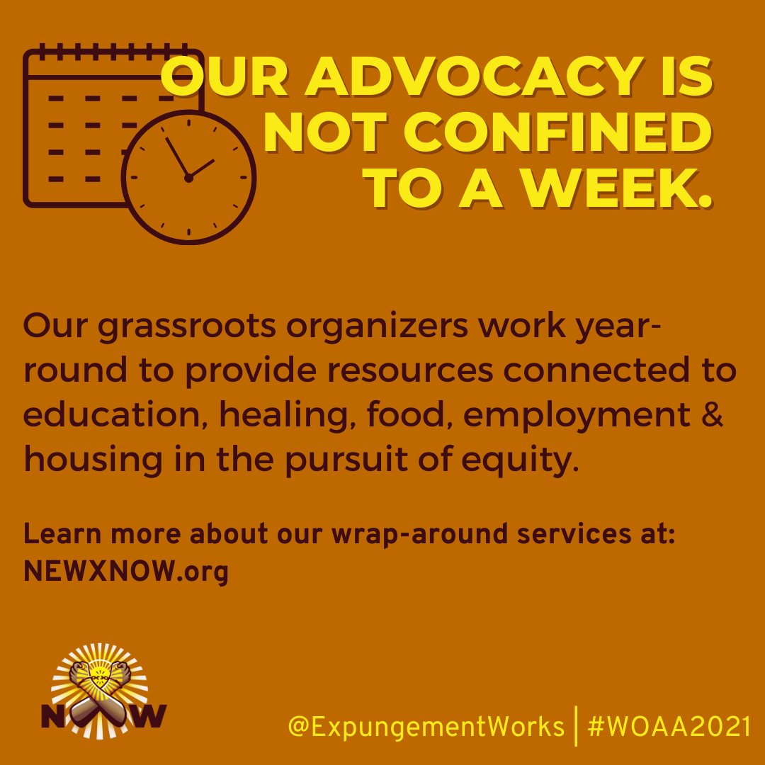 The National Expungement Week of Action is a week filled with coordinated relief clinics, discussions and healing sessions aiming to provide access to relief, equity, and opportunity in BIPOC communities. 
Learn more at NEWxNow.org #NewxNow #NEWWOAA2021
