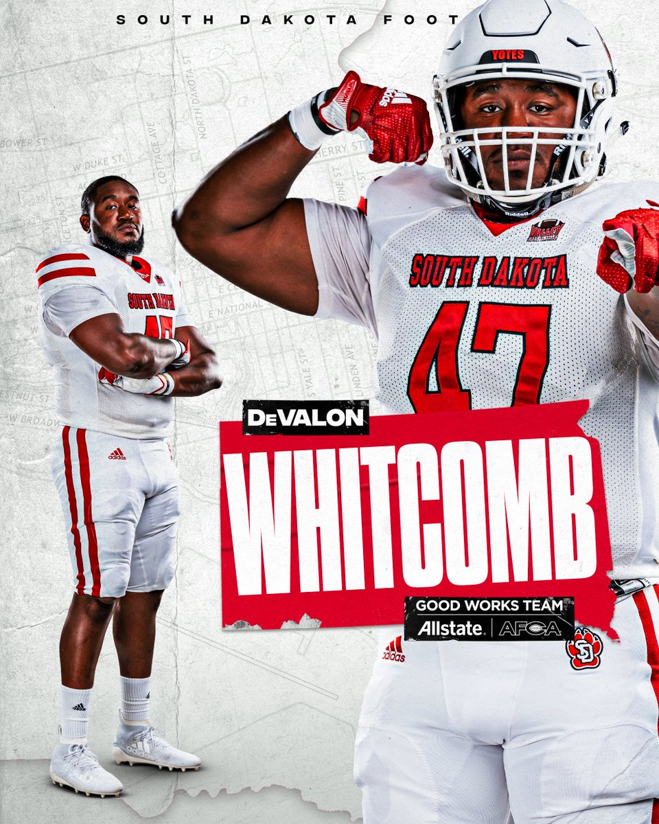 SDCoyotesFB's tweet photo. Incredibly proud to announce that DeValon Whitcomb is one of 22 football players in the country to be named to the Allstate AFCA Good Works Team!!

📰: https://t.co/iPeTtA072d

#WeAreSouthDakota x #GoYotes🐾 https://t.co/8iaYIMgYbP
