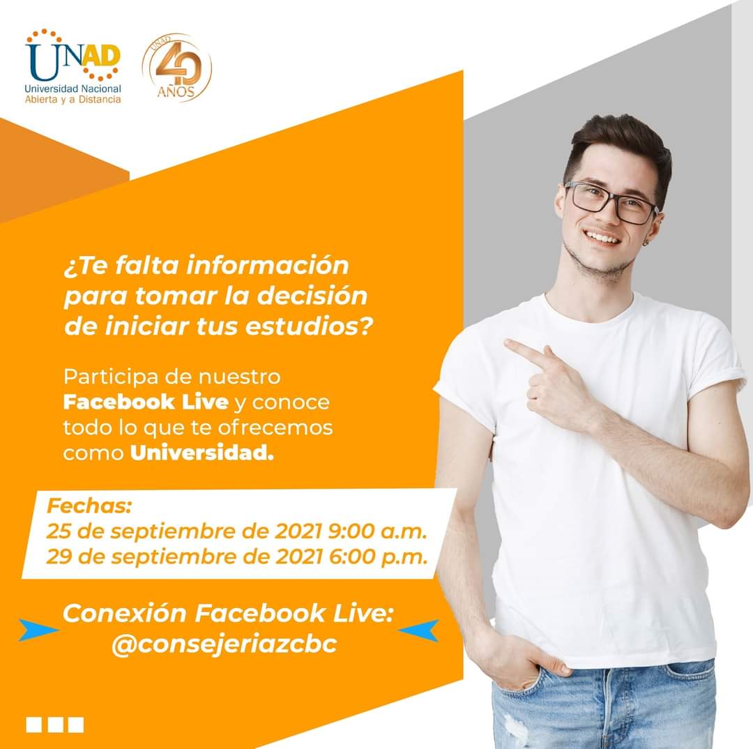 ¿Te falta información para tomar la decisión de iniciar tus estudios?

Conexión Facebook Live: facebook.com/consejeriazcbc/

Enlace de agenda e inscripción : sivisae.unad.edu.co/sivisae/pages/… 

La calidad no se improvisa.
Convierte en realidad tu proyecto de vida con la UNAD

¡Te esperamos!