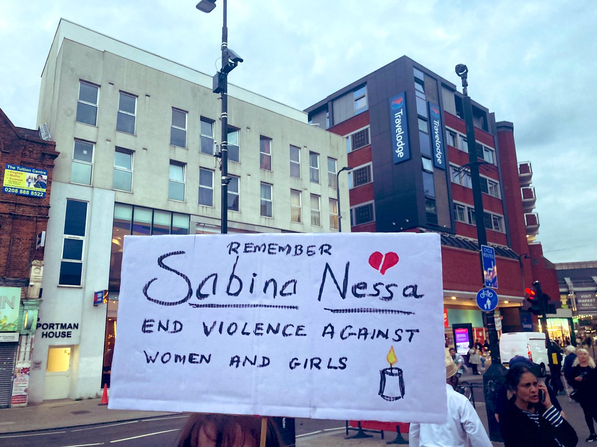 eleanor__p's tweet photo. North London came together this evening in memory of #SabinaNessa and in solidarity against violence against women. These events shouldn’t be needed, but sadly they are. Thank you to local MP @CatherineWest1, @HaringeyLabour and others for coming to speak 🤍 #sayhername https://t.co/g2jlM3AybX