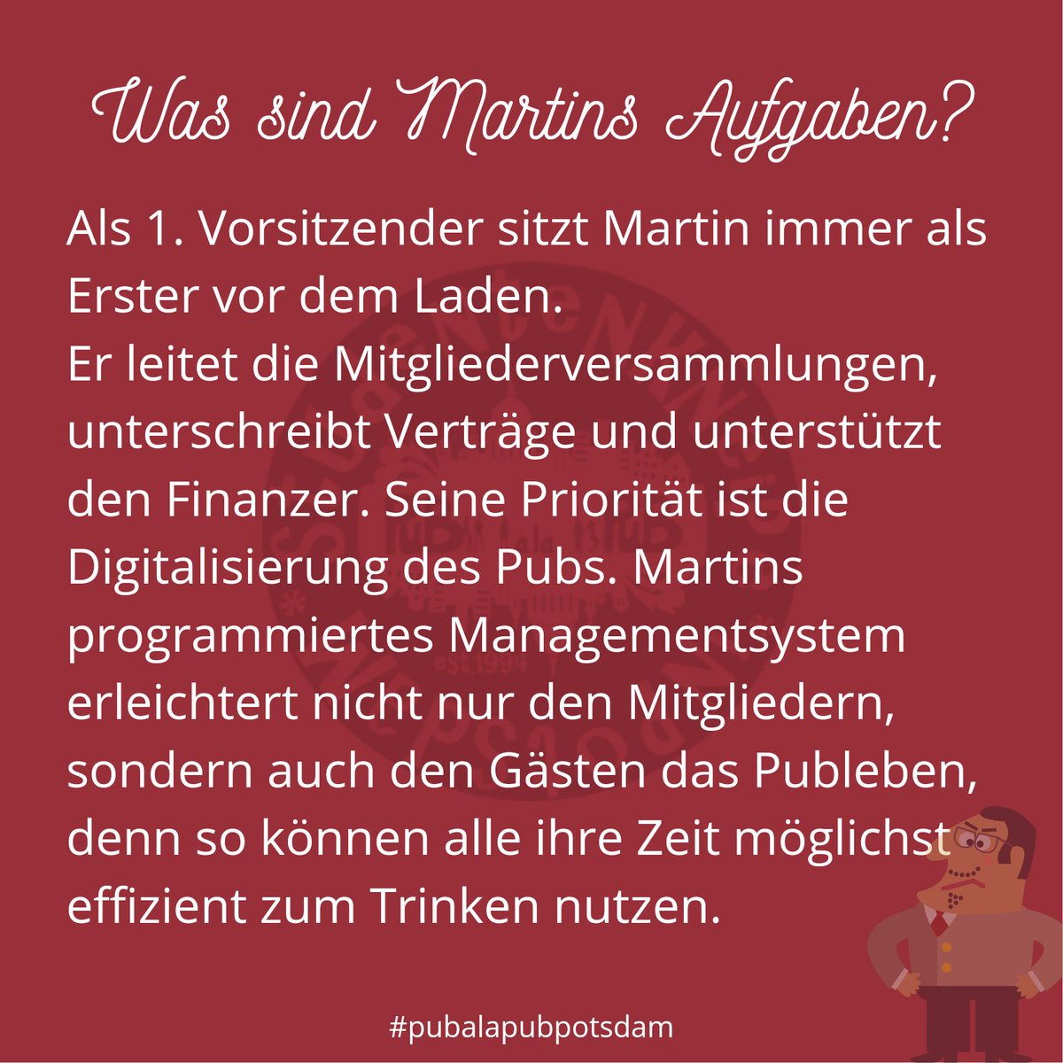 PubPotsdam's tweet photo. Moin ihr Lieben! 🌞
Im heutigen Post möchten wir euch wieder eine Sonderaufgabe des Pubs vorstellen und wer hinter dieser Tätigkeit steckt. 👀
Viel Spaß beim Lesen, und startet schön ins Wochenende (trotz des stürmischen und kalten Wetters, denkt dran: Alkohol wärmt von innen). https://t.co/JMOJKo0xgY