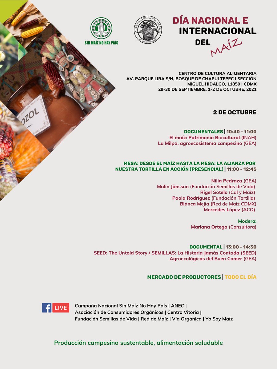cnsmnhpmx's tweet photo. #DíaNacionalDelMaíz 🌽
#DíaInternacionalDelMaíz 🌽

👉🏾 Mesa "Desde el maíz hasta la mesa: La Alianza por Nuestra Tortilla en acción" (presencial)

🗓️ 2 octubre
🕥 11:00 am (CDMX)

💻 https://t.co/p1BqaaIaPe y más https://t.co/bP27pEaupJ