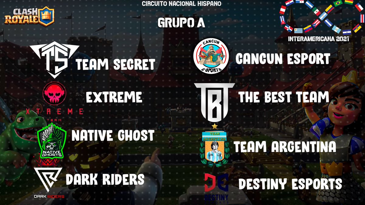 Circuito Nacional Hispano (@cnh_cr) on Twitter photo #CNH | Grupo B ⭐️
@TeamSecretMex 🇲🇽
<a href="/Extreme_Teamtbd/">Xtreme</a> 🌐
<a href="/NativeGhosts/">Native Ghosts</a> 🇲🇽
<a href="/DarkRiders5/">Dark Riders</a> 🇲🇽
<a href="/EsportsCancun/">CANCÚN E-SPORTS</a> 🇲🇽
@TbT_Competitivo🇲🇽
<a href="/ArgentinaTeam__/">LIGA PORO</a> 🇦🇷
<a href="/DeS_ClashRoyale/">Destiny eSports</a> 🇨🇴
Mucho México por acá... 👀
¿Cuál es tu favorito? #CNH | Grupo B ⭐️
@TeamSecretMex 🇲🇽
<a href="/Extreme_Teamtbd/">Xtreme</a> 🌐
<a href="/NativeGhosts/">Native Ghosts</a> 🇲🇽
<a href="/DarkRiders5/">Dark Riders</a> 🇲🇽
<a href="/EsportsCancun/">CANCÚN E-SPORTS</a> 🇲🇽
@TbT_Competitivo🇲🇽
<a href="/ArgentinaTeam__/">LIGA PORO</a> 🇦🇷
<a href="/DeS_ClashRoyale/">Destiny eSports</a> 🇨🇴
Mucho México por acá... 👀
¿Cuál es tu favorito?