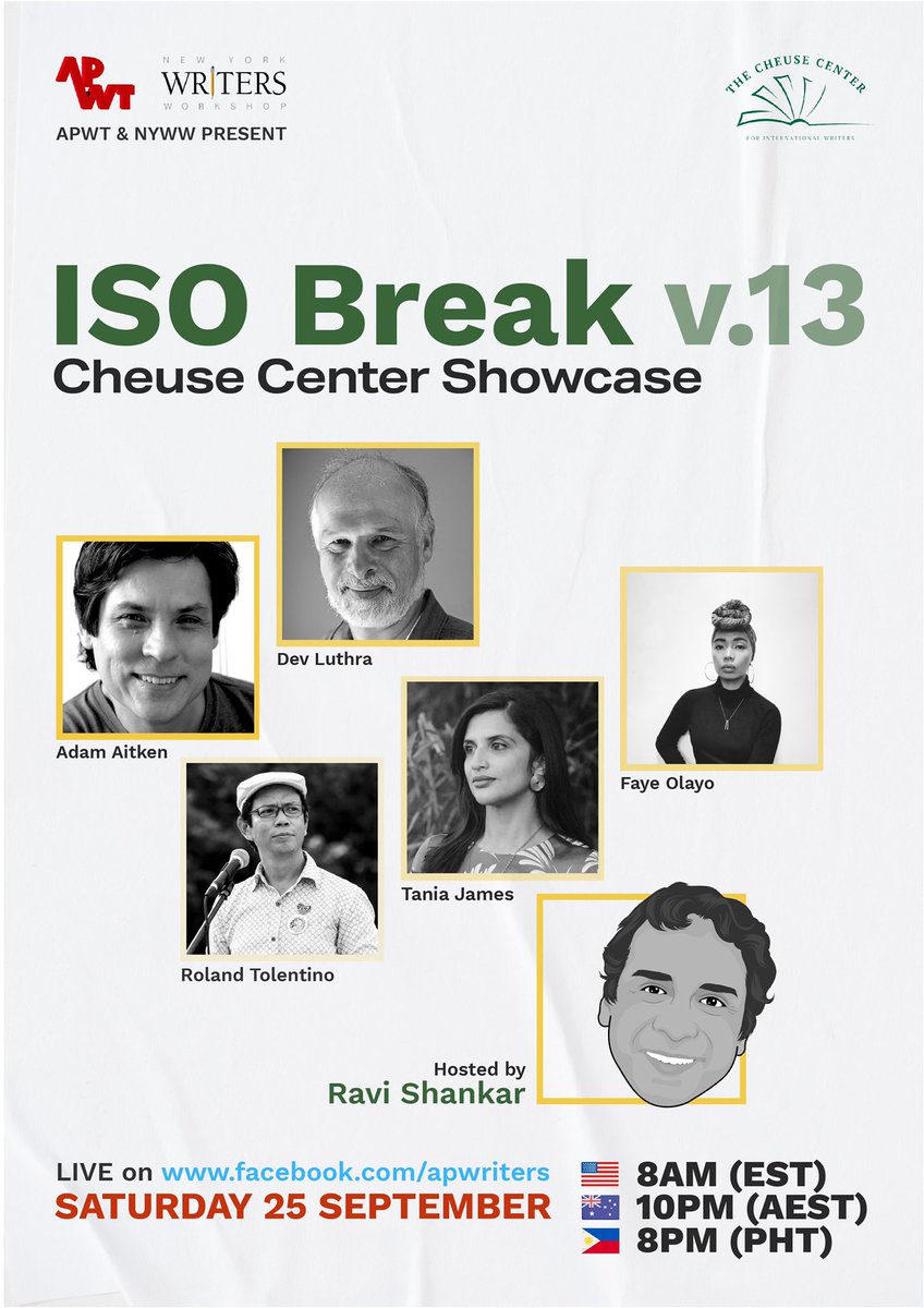 ISOBREAK v.13 goes live this Saturday at 8am EST brought to you by APWT and New York Writers Workshop with <a href="/cheusecenter/">The Alan Cheuse International Writers Center</a>. Featuring <a href="/adamaitken39/">Adamaitken</a>, @taniajam, <a href="/fayeolayo/">#MarcosMagnanakaw awriterorsomething</a>, Dev Luthra, and <a href="/rolandtolentino/">rolando tolentino</a>, hosted by <a href="/empurpler/">Ravi Shankar, PhD</a>. ISO BREAK will be live-streamed free on our socials!