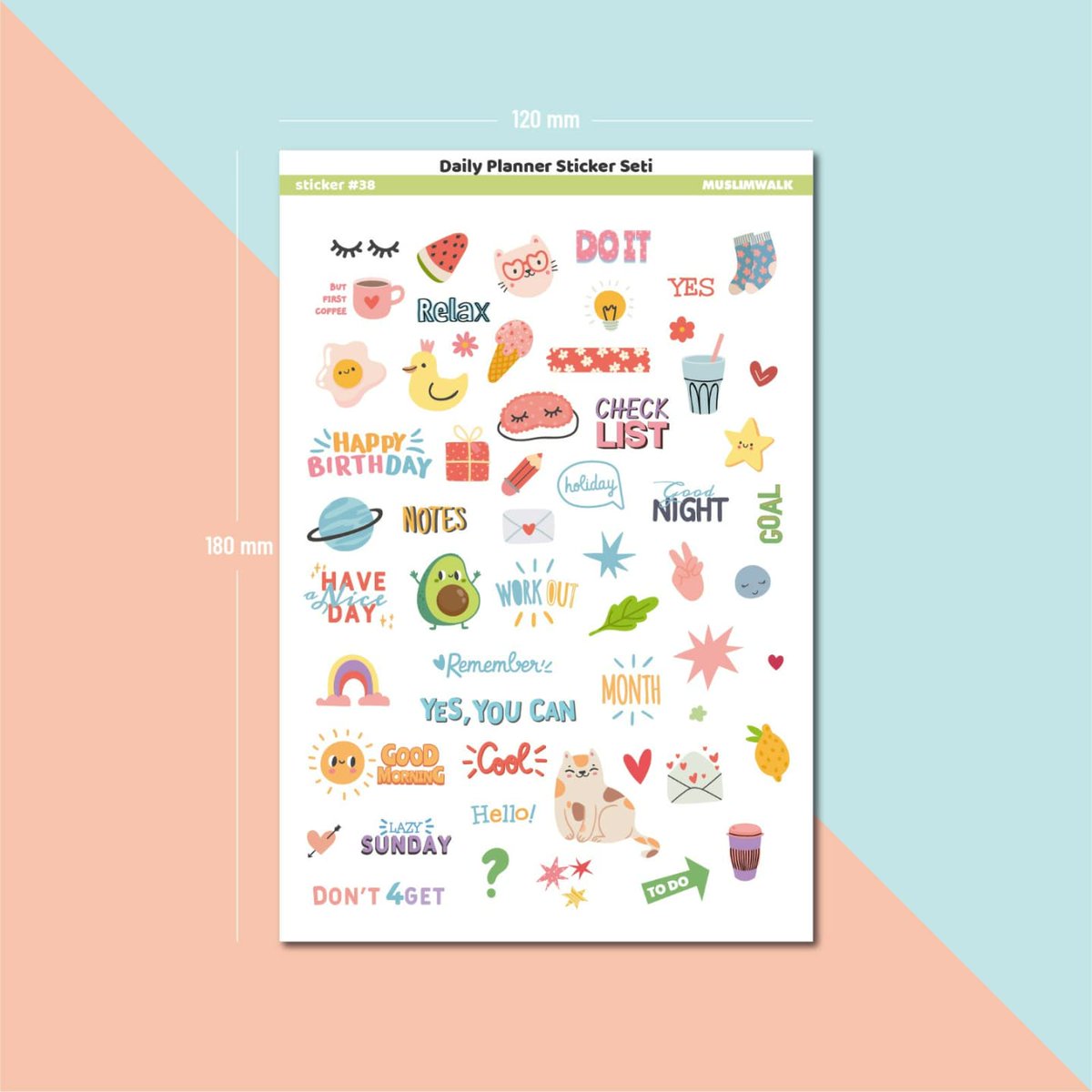 Daily Plan Sticker Setimiz muslimwalk.com'da.

 Ürün 8 adet A5 yapraktan oluşmaktadır. Toplamda 500 parça sticker / etiket bulunmaktadır. 

Malzeme: Kağıt Sticker
Sayfaların Boyutu: A5
Adet: 8 Sayfa / 500 adet sticker
Marka: MuslimWalk