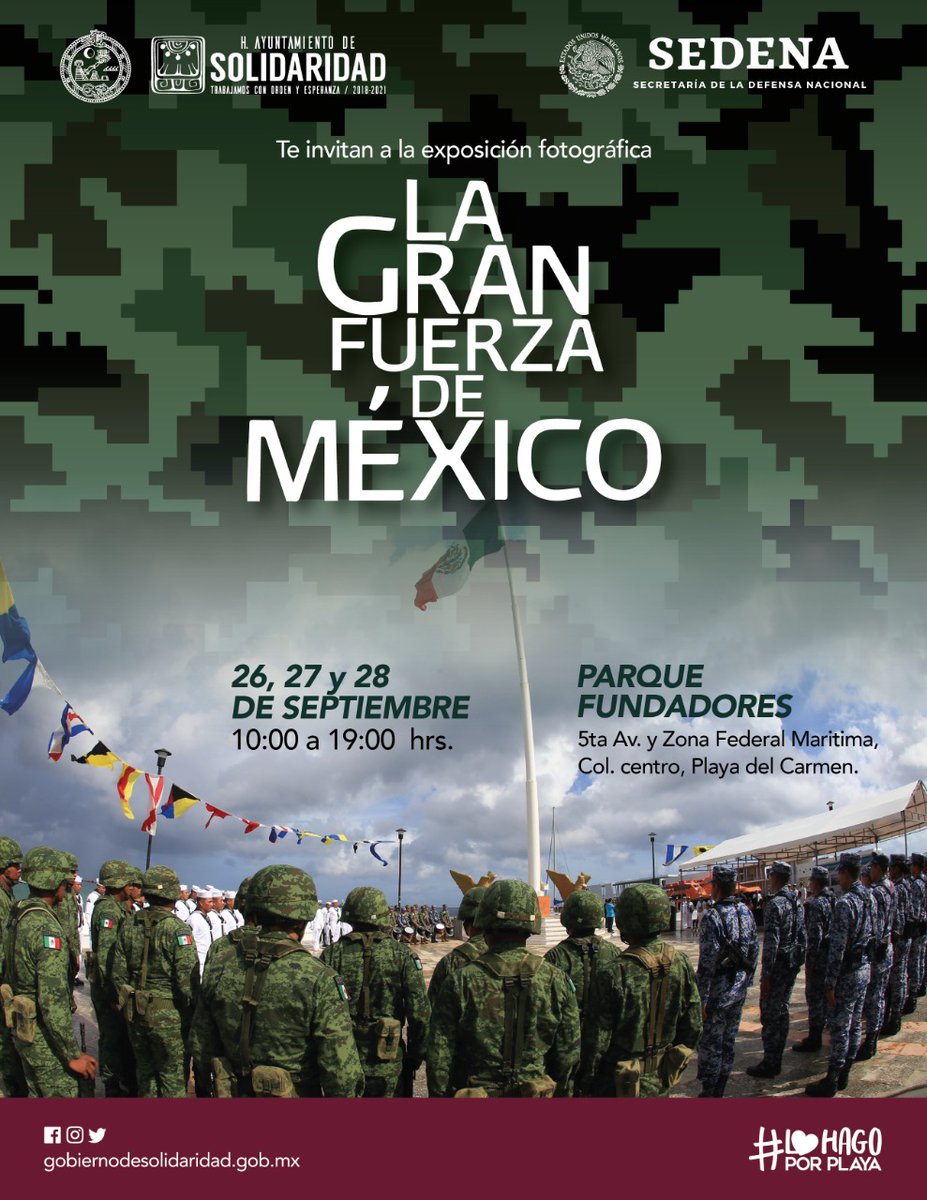 Del 26 al 28 de septiembre te invitamos a la exposición Fotográfica "La Gran Fuerza de México".
📍 Parque Fundadores. 
Recuerda seguir todas las medidas de #SanaDistancia como el uso de cubrebocas, mantener el distanciamiento social y uso de gel antibacterial.