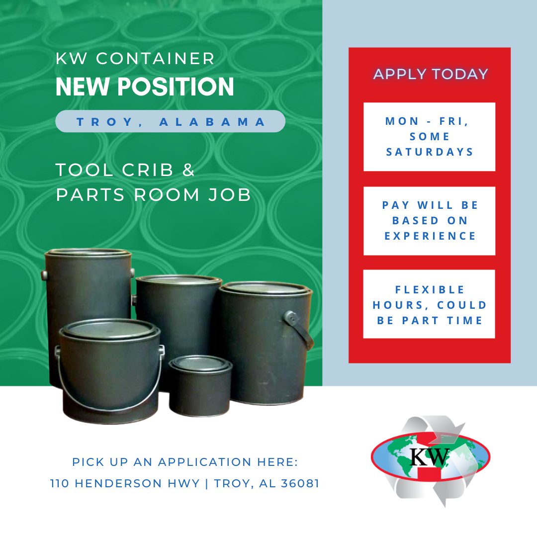 sealaworks's tweet photo. KW Container has a new position open for Tool Crib & Parts Room! Full-time or could be Part-time for the right person, pay is based on your experience. Job will be Monday through Friday and some Saturdays. Pick up an application at 110 Henderson Hwy in Troy. #KWContainer #TruSnap https://t.co/4YclIyxzjc