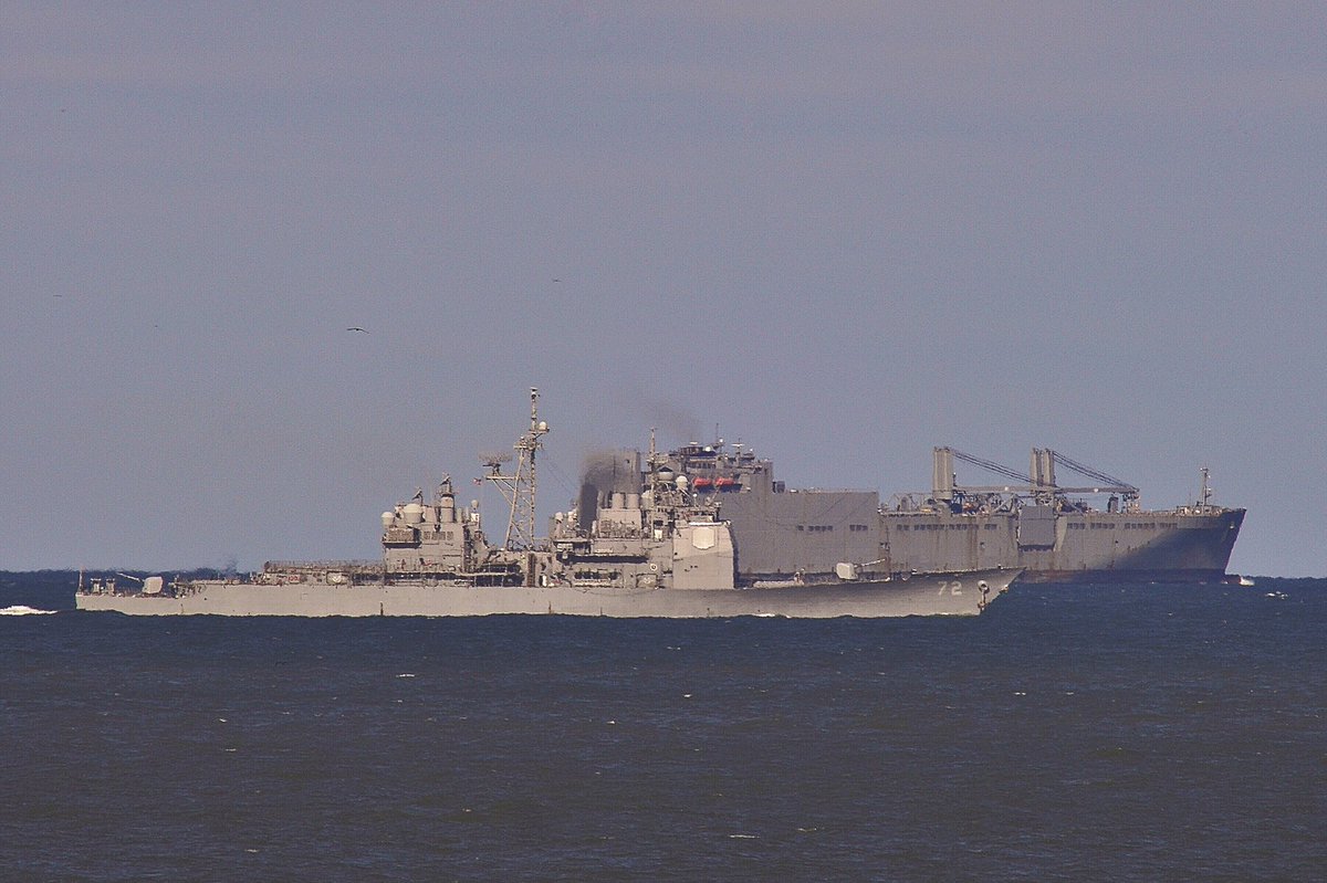 The USS VELLA GULF (CG-72) Ticonderoga-class guided missile cruiser, and the USNS SODERMAN (T-AKR-317) Watson-class vehicle cargo ship. #USNavy #USSVellaGulf #CG72 #MilitarySealiftCommand #USNSSoderman #TAKR317 #ShipsInPics