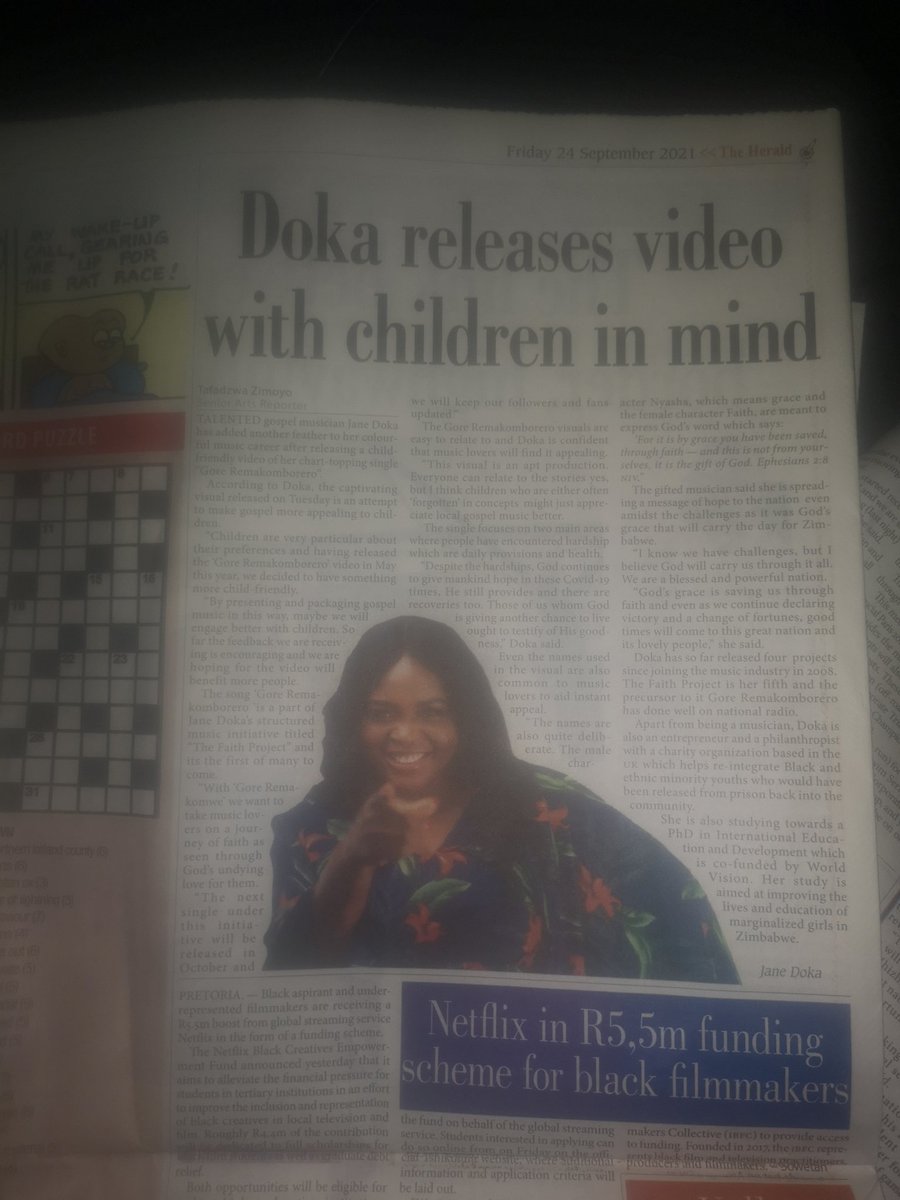 JDoka_Music's tweet photo. Thank you @HeraldZimbabwe for today's story on the Gore remakomborero visualizer. Read more on the link below
https://t.co/TXteMCuhTT Doka releases video with children in mind
#janedokamusic
#TheFaithProject
@IdeasZaka @Mavhure
@EsteemComms @OMazivisa @takemorem1 @263Chat https://t.co/8q1hsozqey
