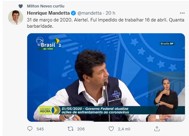 RafaelRamosBR's tweet photo. @mandetta @Miltonneves Miltãoo curtindo globalista né safadinho!!?? kkkk fica em casa e a economia a gente vê depois. https://t.co/EmbKyOoPyF