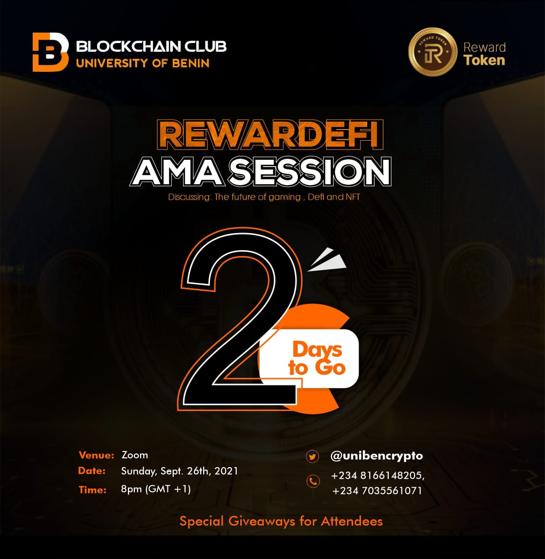 unibencrypto's tweet photo. 2 days to go.
Join us on Sunday 8pm
#BLOCKCHAIN
#THEREWARDTOKEN
#NFTs
#DeFi
#GamingNFT https://t.co/sjTepP1VtH