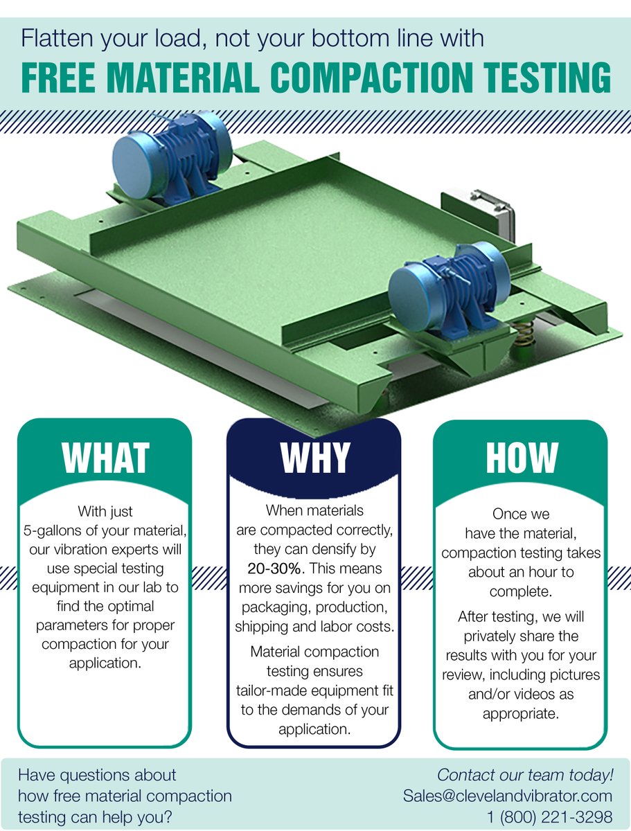 CleVibeCo's tweet photo. A properly sized &amp; designed vibratory table can densify your materials by 20-30%!

To ensure you get tailor-made equipment fit to the demands of your application, we offer FREE material compaction testing.

Learn more below! 👇

#VibrationEducation #MaterialCompaction https://t.co/bXxPzKaSHE