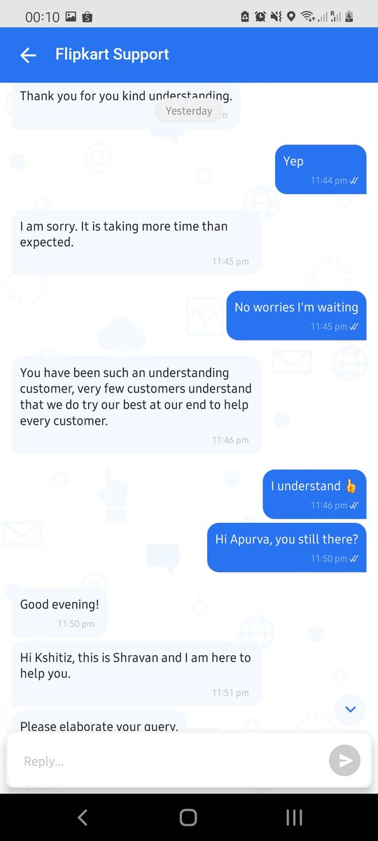 KshtzG's tweet photo. @flipkartsupport (3/3) But your support agents are not ready to reply. Attached the pictures of the chat. https://t.co/kVzMHk3XE4