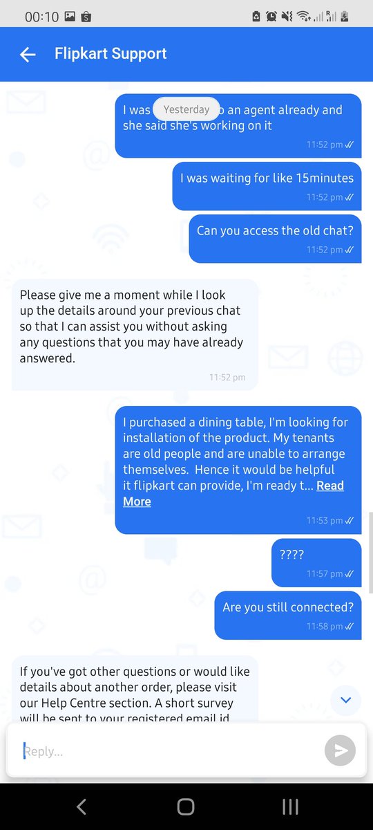 KshtzG's tweet photo. @flipkartsupport (3/3) But your support agents are not ready to reply. Attached the pictures of the chat. https://t.co/kVzMHk3XE4