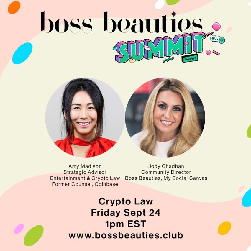 Day 5 @ Boss Beauties Summit! 🚀🚀🚀

Crypto Law is next up. This one should be really fascinating. Attend this session to learn all about crypto law from an incredible expert in the field <a href="/_amymadison/">Amy</a> ✨

bossbeauties.club #bossbeautiesnft #NFTCommunity