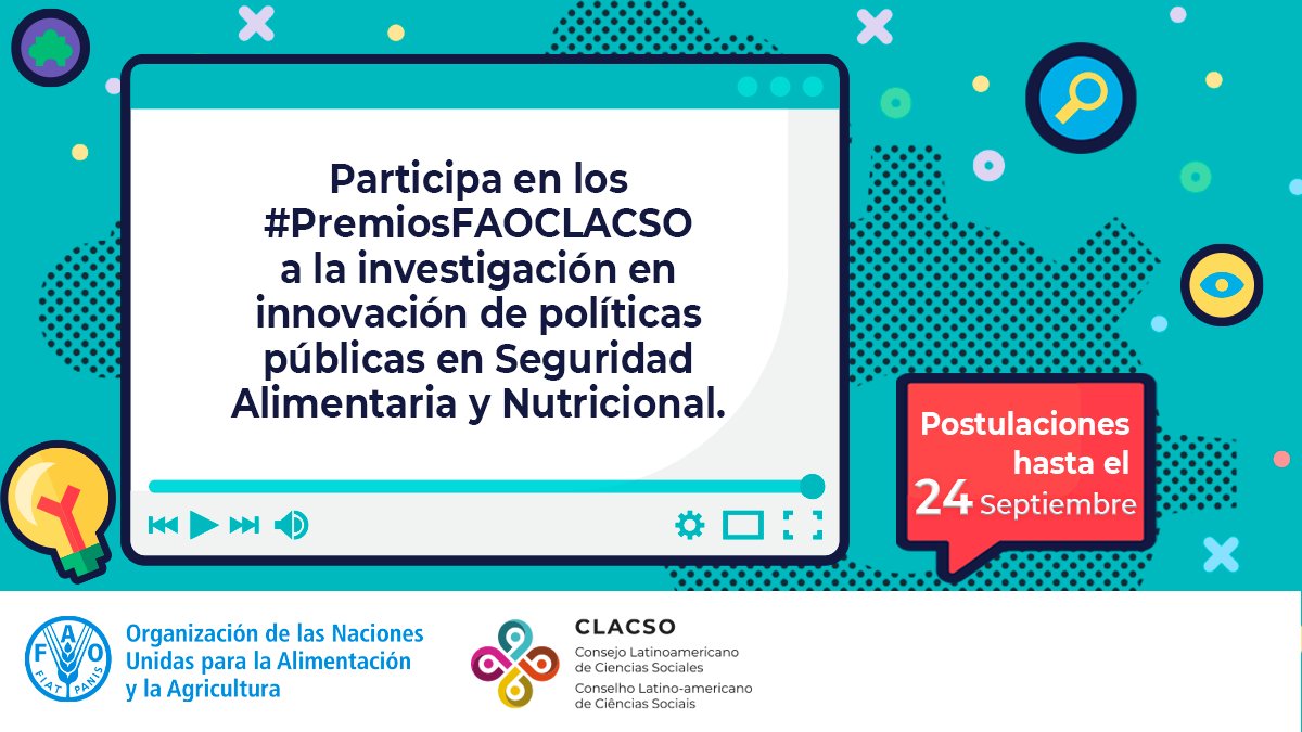 🚨 #PremiosFAOCLACSO Hoy es el último día para el registro de iniciativas de innovación e investigación sobre políticas públicas que alivien problemas sobre seguridad alimentaria nutricional. 

En @FAOAmericas están las bases de la convocatoria.🥇🥉🥈

fao.org/americas/socio…