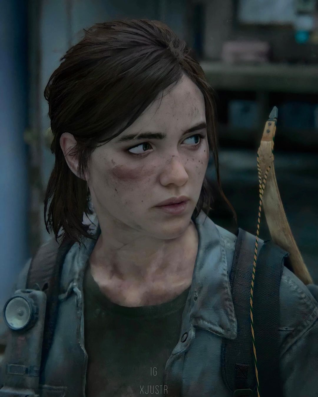 Lexica - Portrait of adult Ellie from the game The last of us 2, medium  shot looking to the side, raining, traces of rain on her face --ar 16:9  --tes