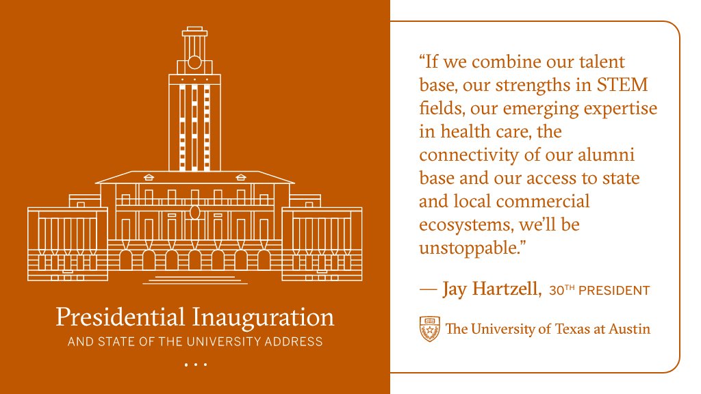UTAustin's tweet photo. "There’s no reason that we shouldn’t be one of the world’s leading academic engines for innovation, new companies, and future jobs."
Watch the Presidential Inauguration and State of the University address here: https://t.co/gtBtrV453r #UTSotU 🤘 #WhatStartsHere https://t.co/IQ3AeT0mR3