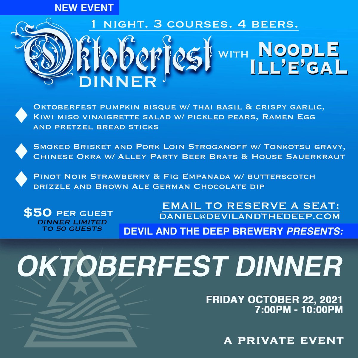 Last year was so fun… let’s do it again! We are super excited to have <a href="/noodleillegal/">Benvenuto Leopardi</a> present their Oktoberfest dinner with ya! Food, drink, games &amp; prizes! Prost!