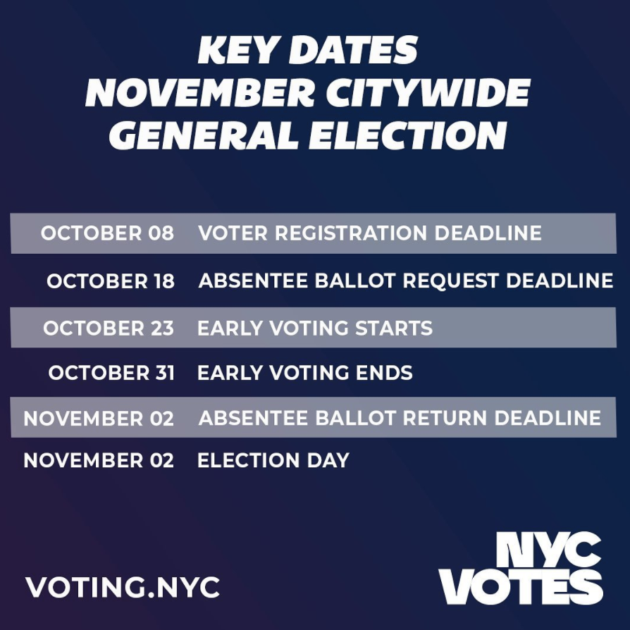 nycpa's tweet photo. NYC, there are 2 weeks left to register to vote! Mark your 🗓️'s:

☑️Oct 8: Register to vote
☑️Oct 18: Deadline to request absentee ballot
☑️Oct 23: Early voting starts
☑️Oct 31: Early voting ends
☑️Nov 2: Return your absentee ballot
☑️Nov 2: Election Day
💻https://t.co/OgQXva4RPB https://t.co/9dJ3kqttYN
