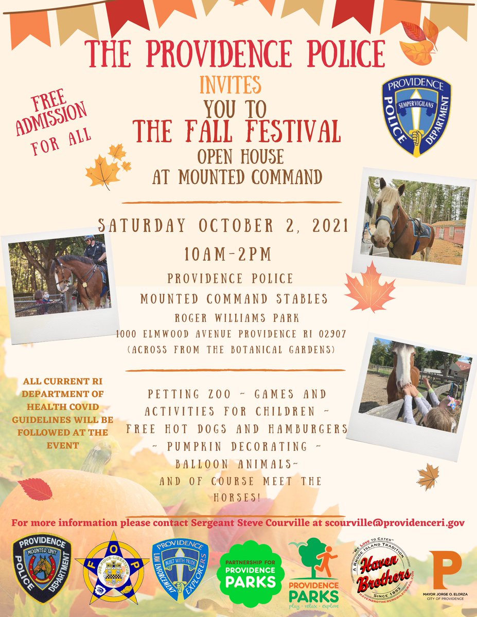 ProvidenceRIPD's tweet photo. PPD Fall Festival Open House at Mounted Command
10/2/21 10am-2pm at RWP-Games and activities for all, free hot dogs+burgers and MORE! The RI National Guard will be providing FREE, confidential rapid COVID-19 tests. For info contact Sgt Steve Courville scourville@providenceri.gov https://t.co/NEmwsZ9Hp3