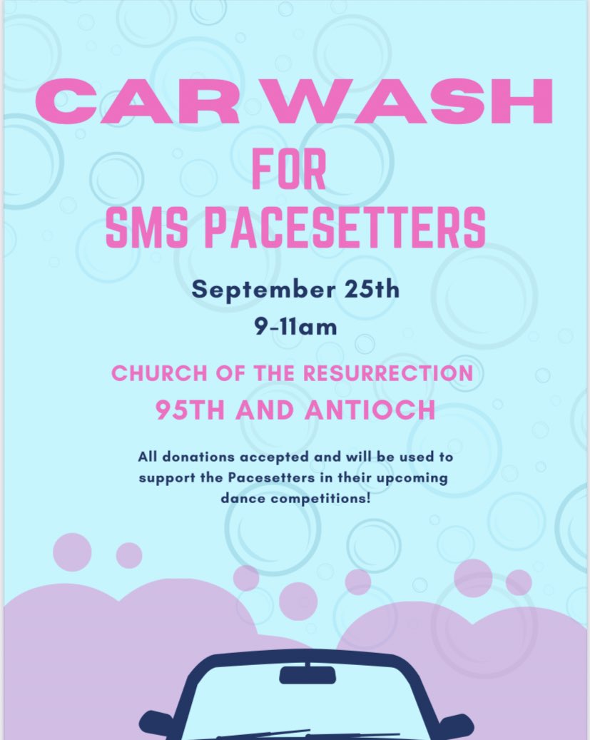 Pacesetters will be working at the car wash tomorrow from 9-11am! We would 💗 to see you there and make your car shiny and new! All donations accepted! Location Church of Resurrection off 95th and Antioch 🤗🚙🧼