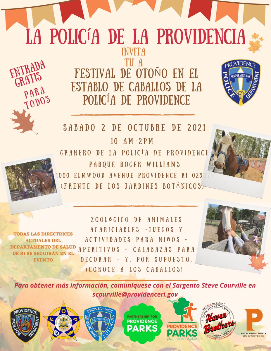 PPD Fall Festival Open House at Mounted Command
10/2/21 10am-2pm at RWP-Games and activities for all, free hot dogs+burgers and MORE! The RI National Guard will be providing FREE, confidential rapid COVID-19 tests. For info contact Sgt Steve Courville scourville@providenceri.gov