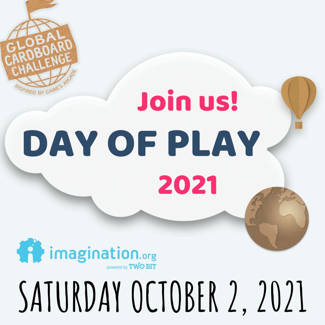 imagination's tweet photo. Join us Saturday 10/2 for a Global #CardboardChallenge #DayOfPlay. We're celebrating the #CainesArcade flash mob anniversary by inviting the 🌎 to create with us! Register -> https://t.co/OVq2GDpREE & share w/ #cardboardchallenge + #dayofplay 🚀 #twobitcircusorg #twobitcircus https://t.co/x6D5a7ueGT