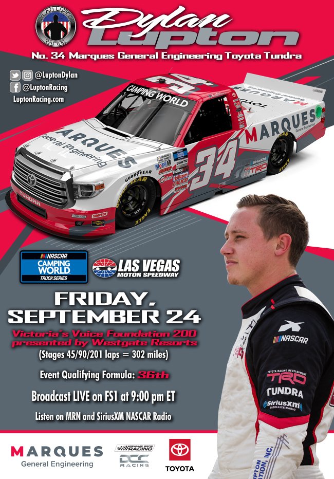 LuptonDylan's tweet photo. Busy weekend @LVMotorSpeedway. 

First up, @NASCAR_Trucks with @RBR_Teams and @DCC_Racing. 

Starting near the back, so only one way to go! 

#NASCAR https://t.co/20pMLTlKFV