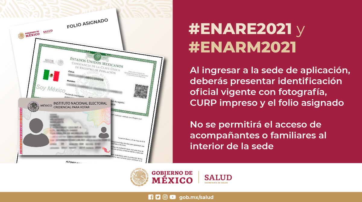 SSalud_DGCES's tweet photo. Para registrarte en la tu sede para el #ENARM2021 o #ENARE2021 en el día y horario que te corresponda, deberás de presentar una identificación oficial con fotografía y proporcionar tu CURP. Si eres extranjero, deberás de proporcionar el número de tu pasaporte. https://t.co/HzzzVE6PY0